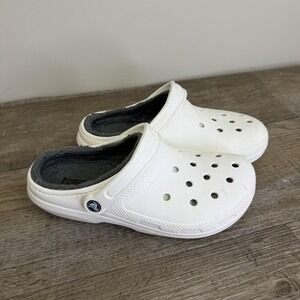 Crocs Clog Shoes Womens Size 9 White Lined Fuzzy Fur Dual Comfort Slip On